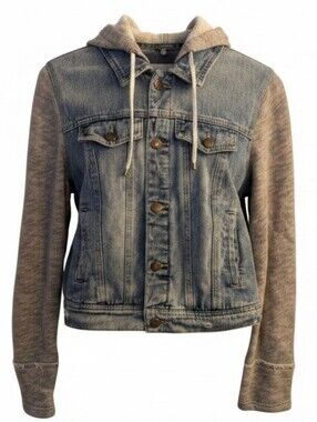 Free People Denim Hoodie Jacket with Gray Sleeves Sz Small